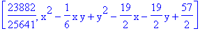 [23882/25641, x^2-1/6*x*y+y^2-19/2*x-19/2*y+57/2]
